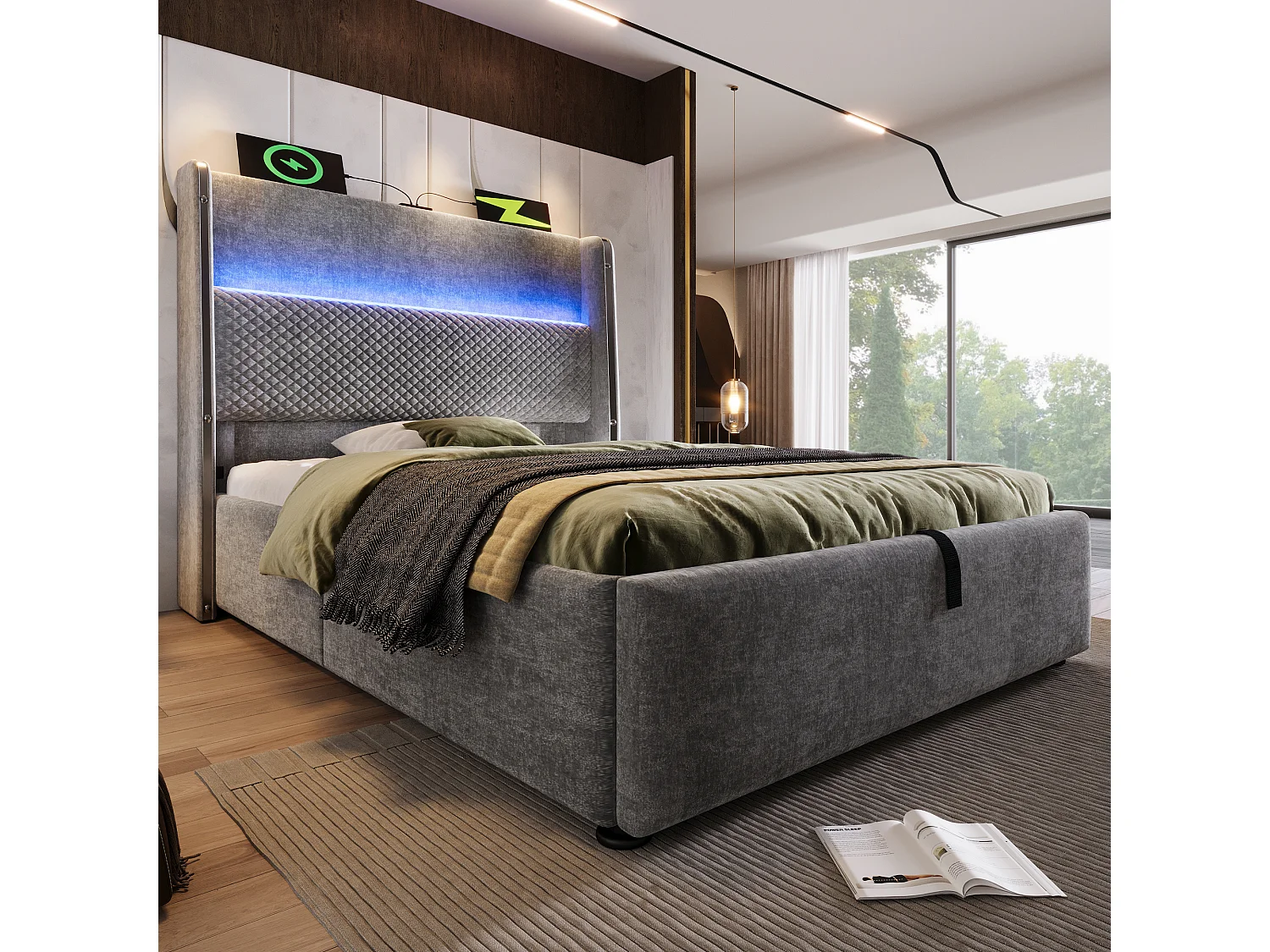 Cama con almacenaje 90 x 200 cm Cama infantil con luces LED y puerto USB, cabecero tapizado - Lino gris (sin colchón)