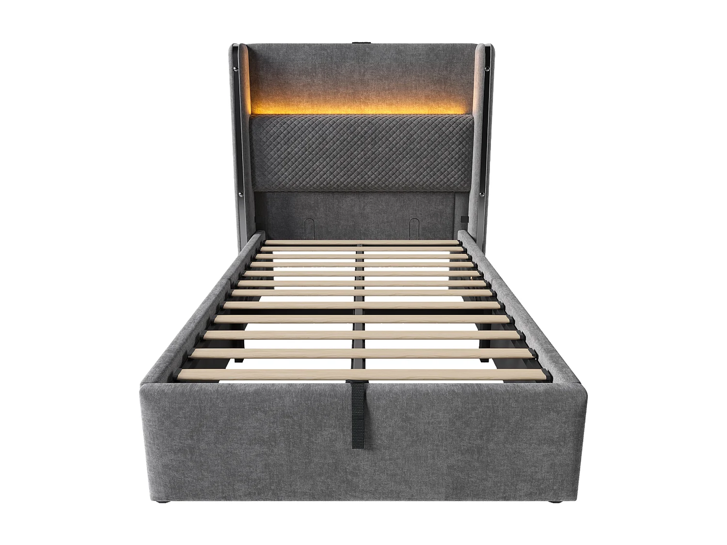 Cama con almacenaje 90 x 200 cm Cama infantil con luces LED y puerto USB, cabecero tapizado - Lino gris (sin colchón)
