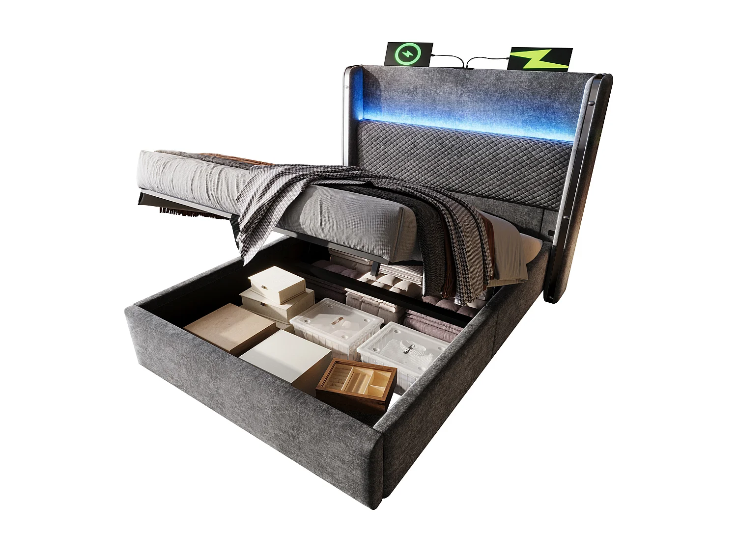 Cama con almacenaje 90 x 200 cm Cama infantil con luces LED y puerto USB, cabecero tapizado - Lino gris (sin colchón)