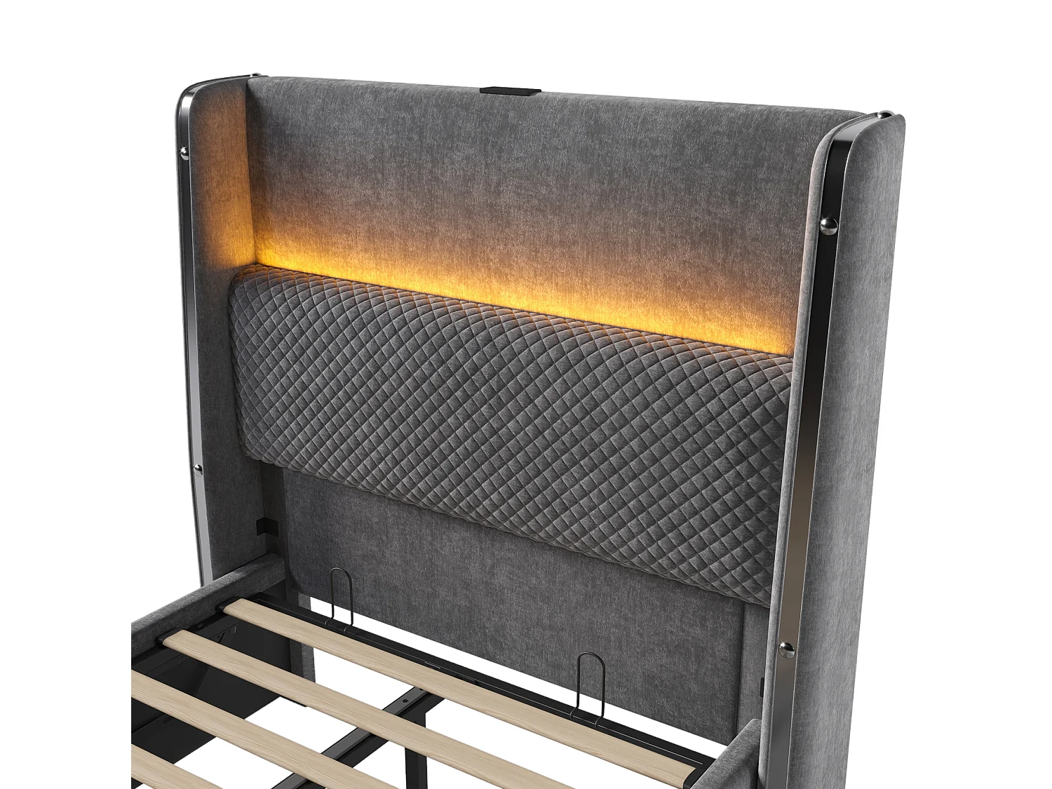 Stauraumbett 90x200 cm Kinderbett mit LED und USB-Anschluss, gepolstertes Kopfteil - grau Leinen (ohne Matratze)