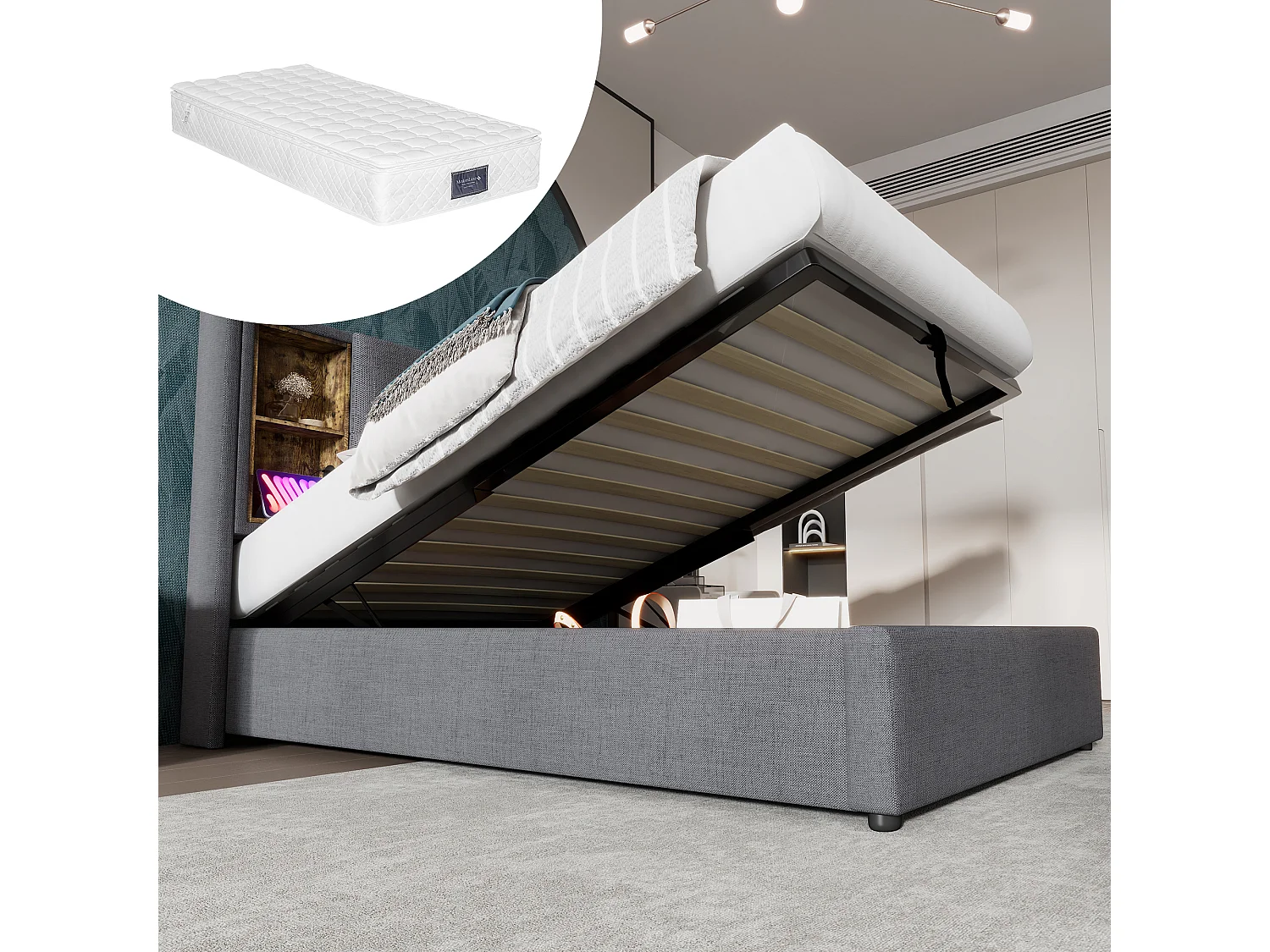 Lit coffre 90x200 cm - avec tête de lit avec rangement, USB / Type-C - en tissu - gris - matelas inclus