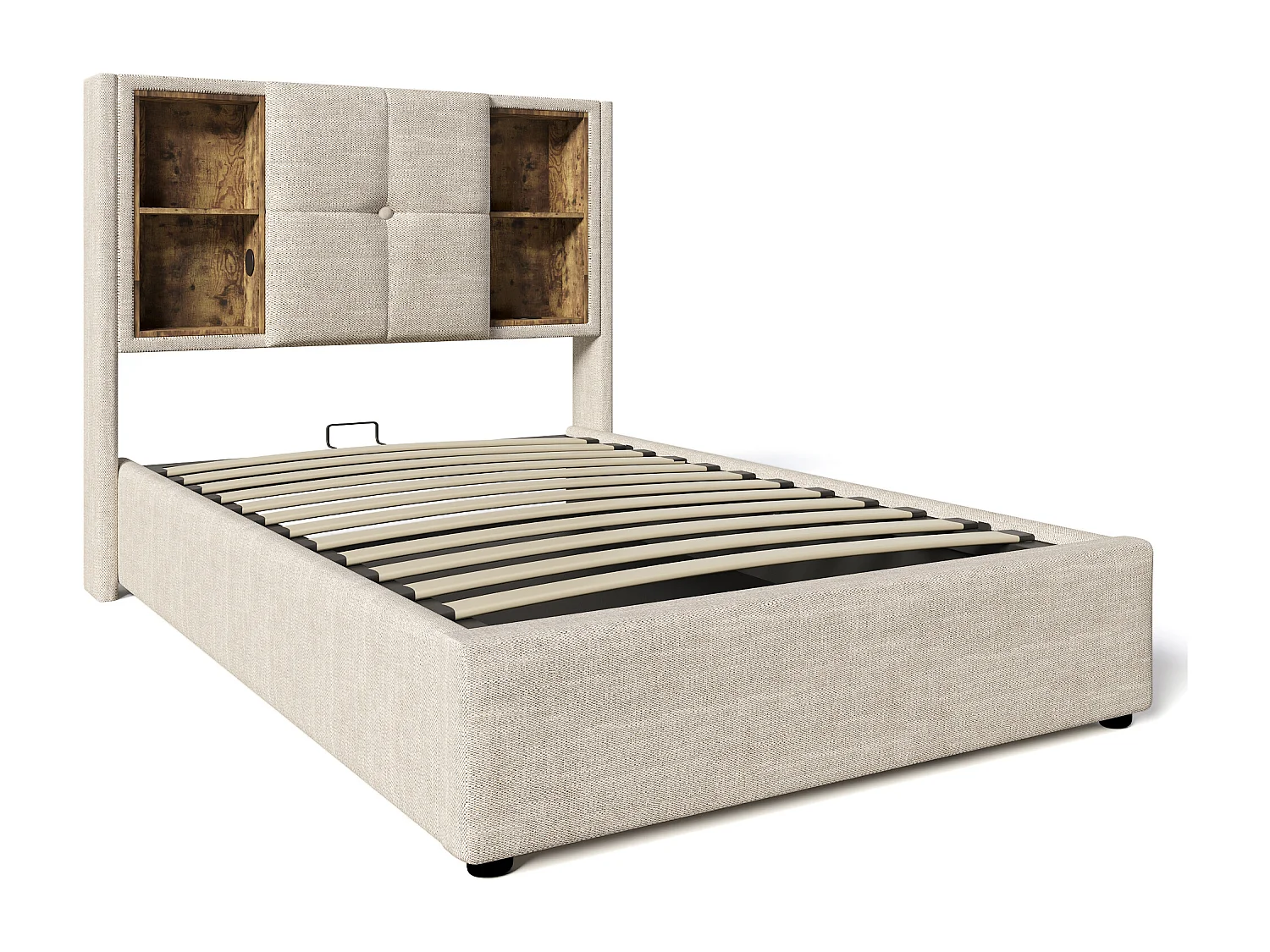 Cama con almacenaje de 90x200 cm, cama infantil con puerto USB y carga inalámbrica - lino natural (sin colchón)