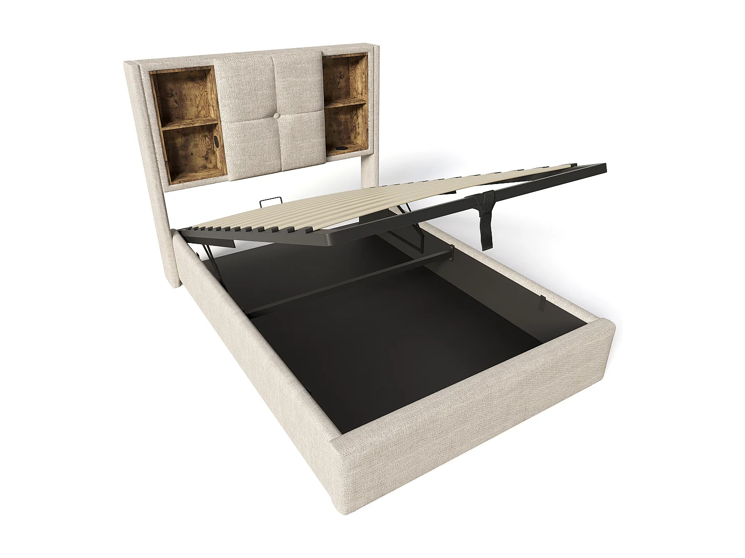 Stauraumbett 90 x 200 cm, Kinderbett mit USB-Anschluss und kabelloser Ladefunktion - Naturfarbe - Leinen (ohne Matratze)