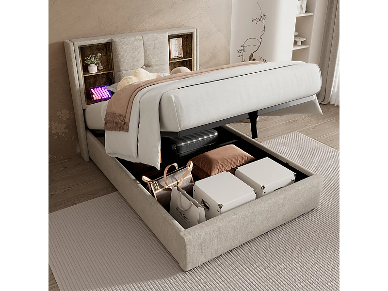 Łóżko ze schowkiem 90x200 cm, łóżko dziecięce z portem USB i ładowaniem bezprzewodowym - naturalny len (bez materaca)