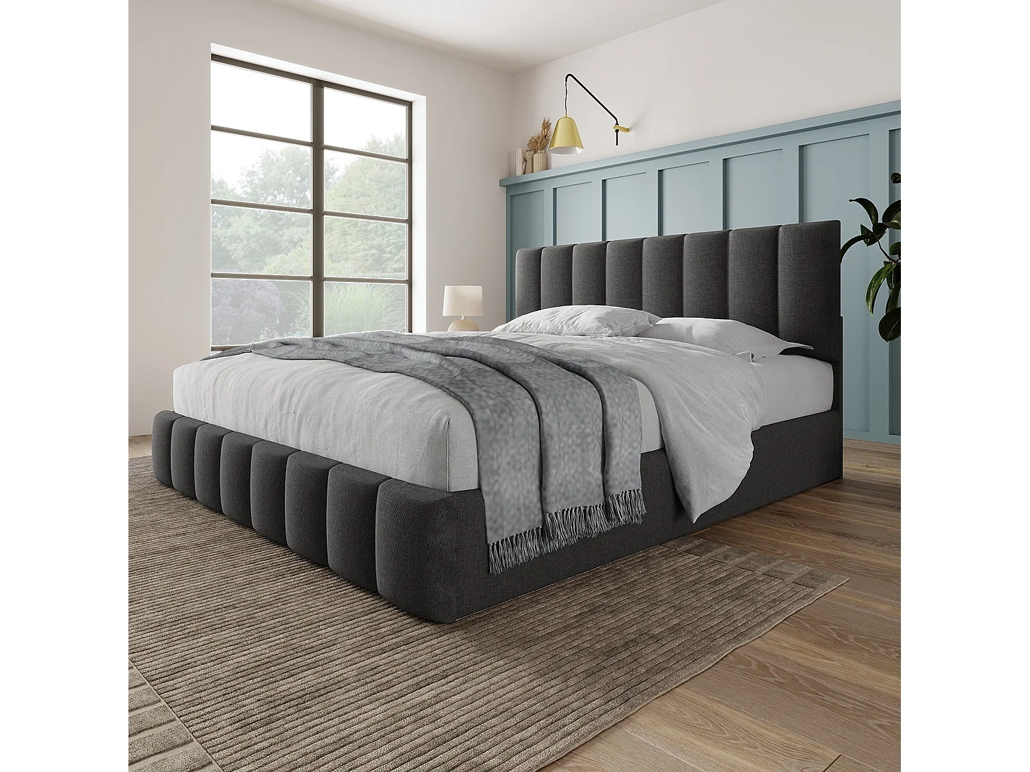 Lit coffre 140x200 cm Lit adulte avec tête de lit réglable et sommier à lattes - Lin gris (sans matelas)