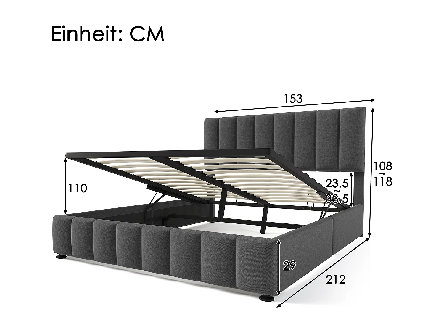 Lit coffre 140x200 cm Lit adulte avec tête de lit réglable et sommier à lattes - Lin gris (sans matelas)