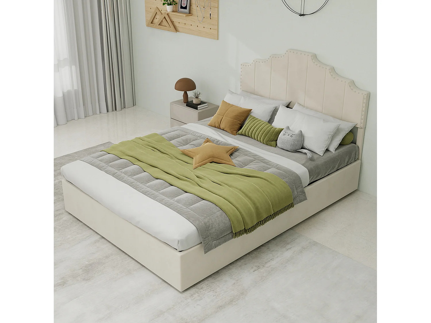 Cama con almacenaje 140x200 cm con cabecero acolchado y somier de láminas - terciopelo - beige (sin colchón)