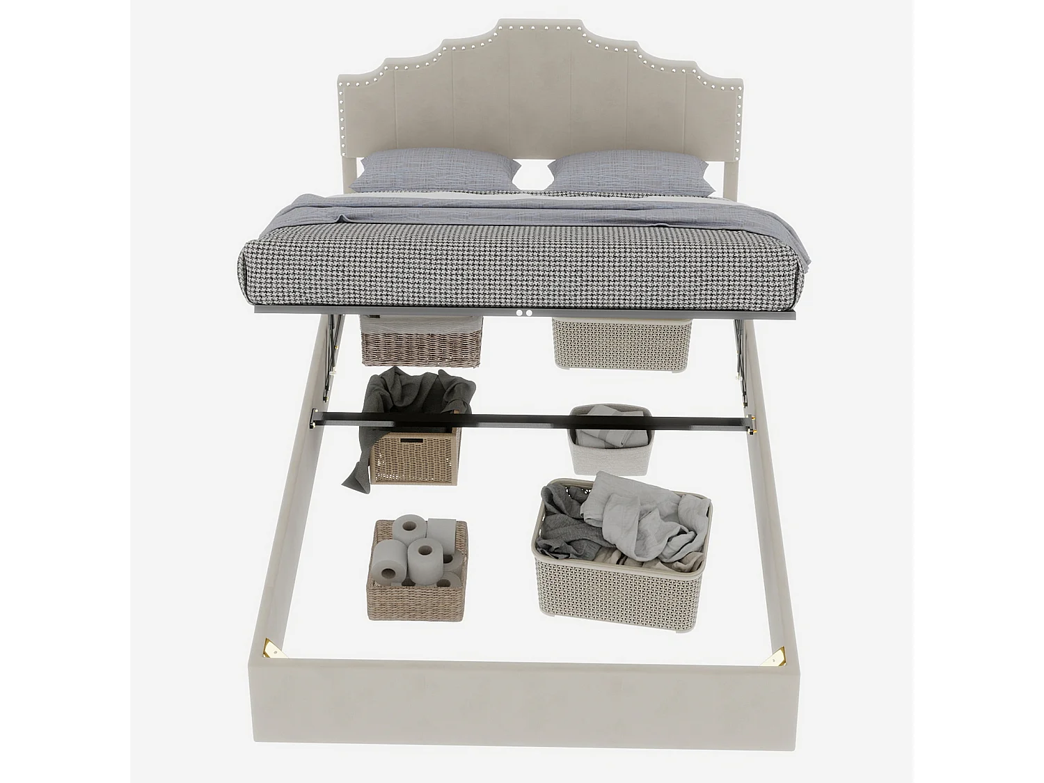 Cama con almacenaje 140x200 cm con cabecero acolchado y somier de láminas - terciopelo - beige (sin colchón)