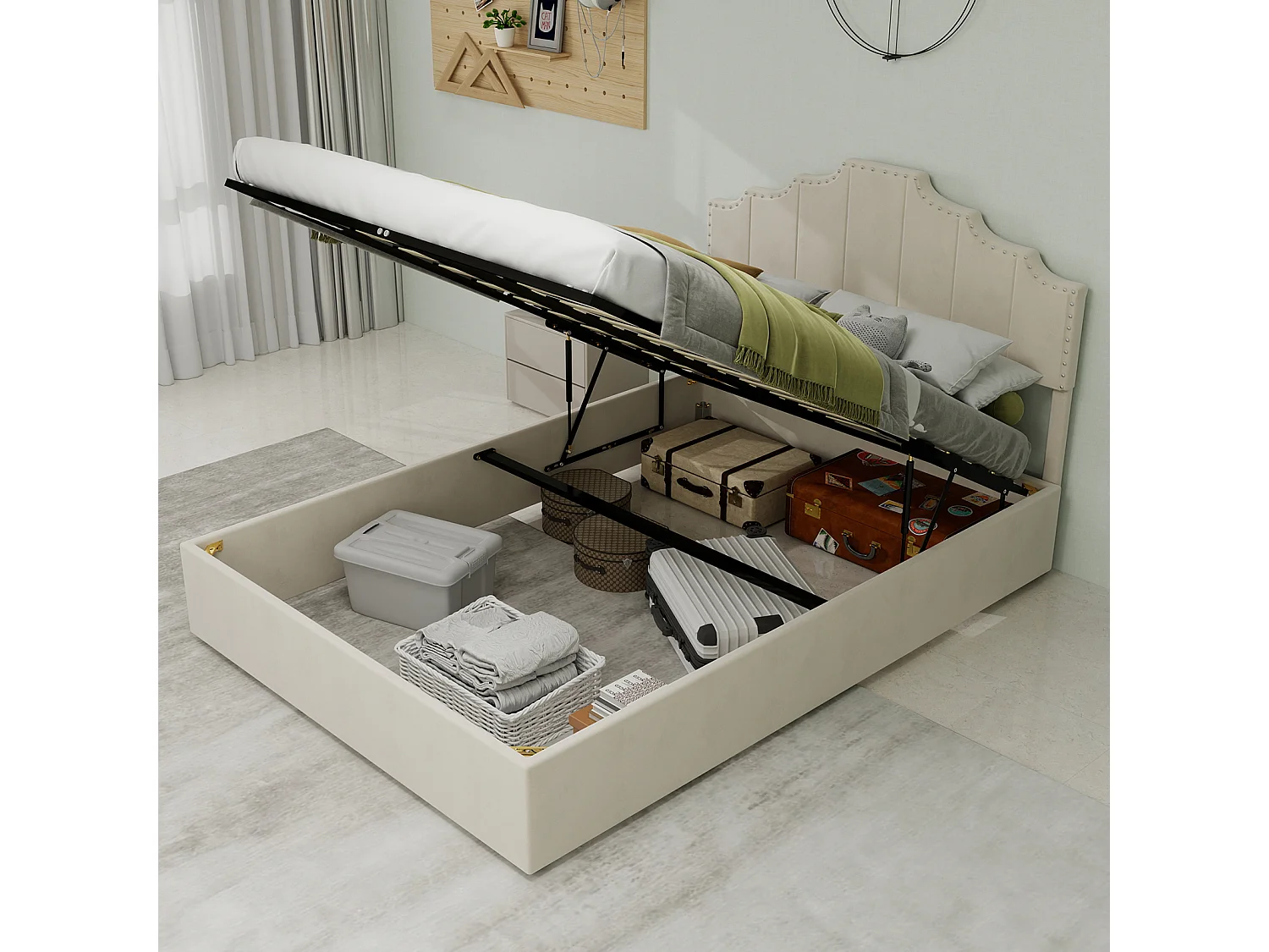 Lit coffre 140x200 cm, lit adulte avec tête de lit souple et sommier à lattes - velours - beige (sans matelas)