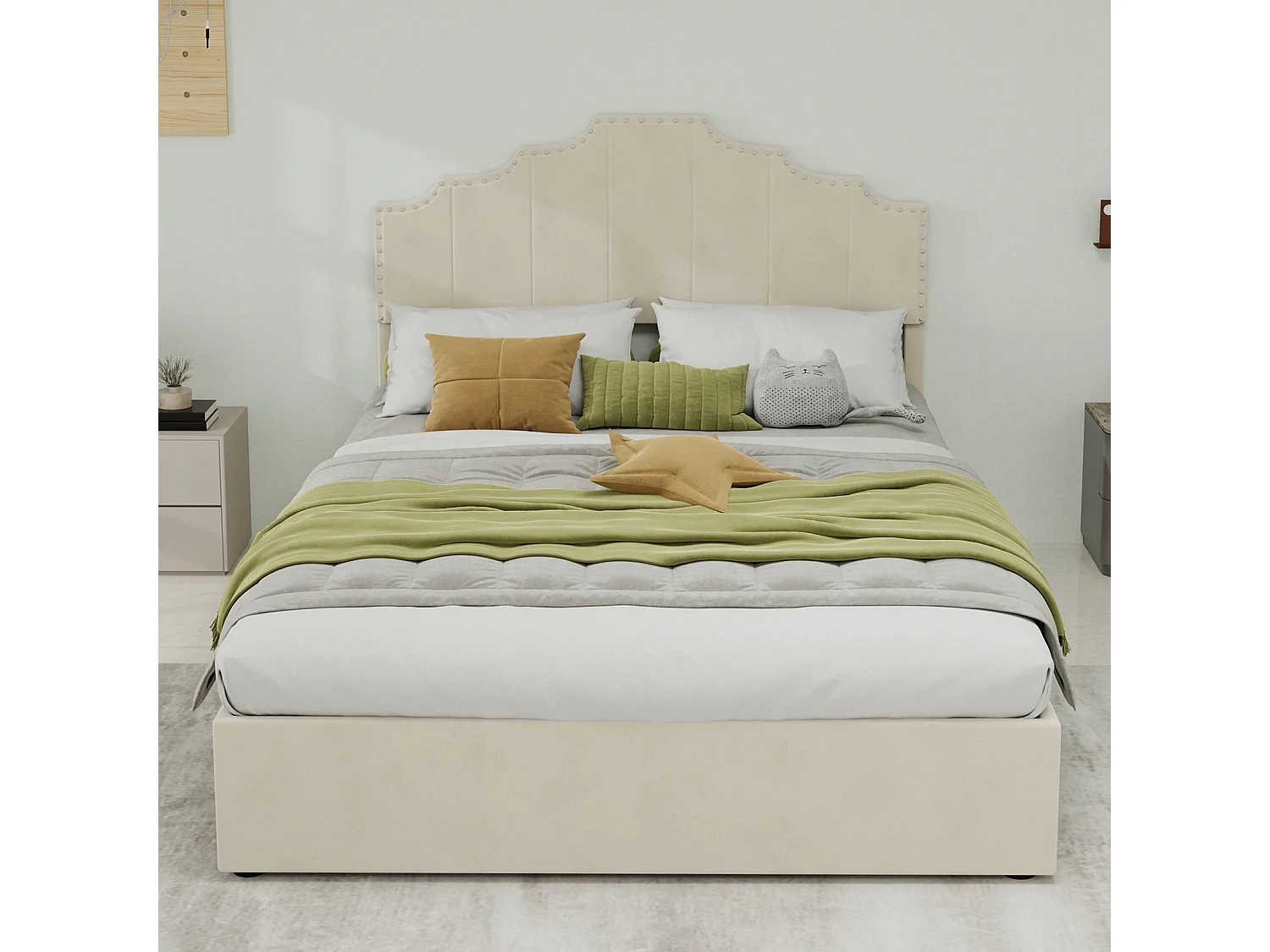 Lit coffre 140x200 cm, lit adulte avec tête de lit souple et sommier à lattes - velours - beige (sans matelas)