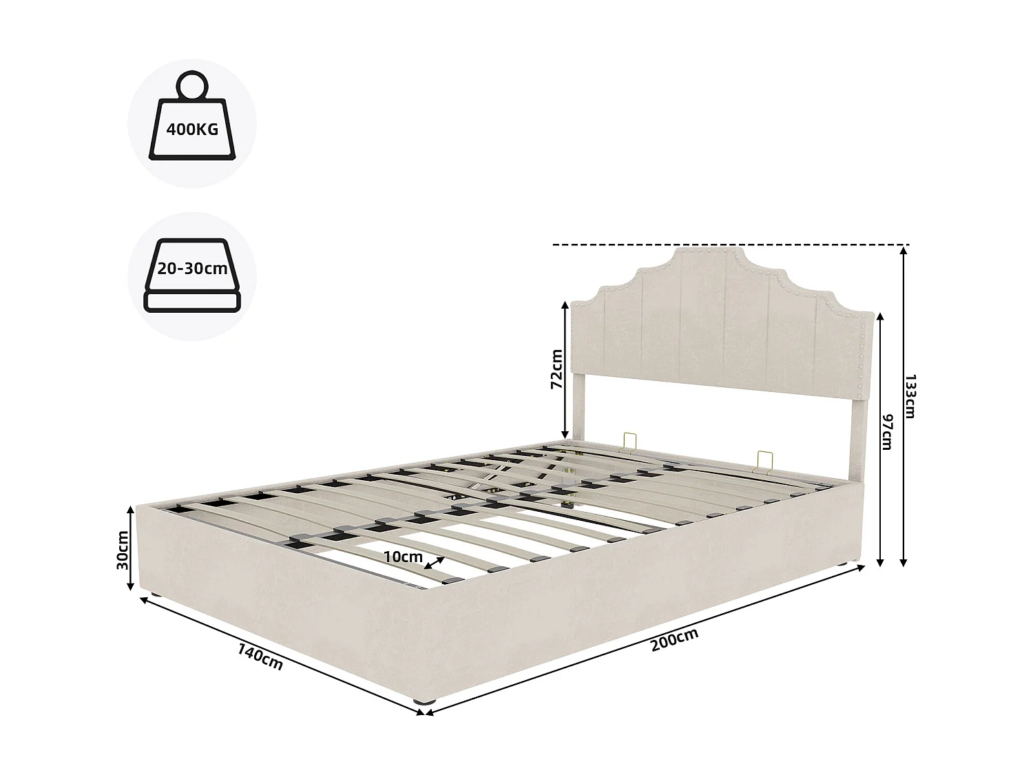 Lit coffre 140x200 cm, lit adulte avec tête de lit souple et sommier à lattes - velours - beige (sans matelas)
