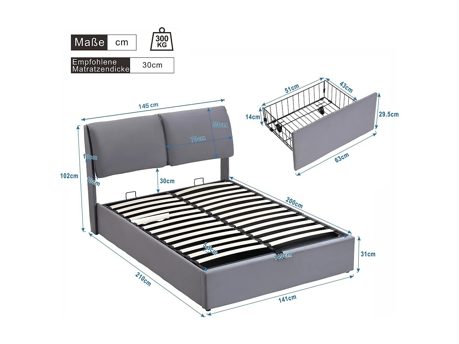 Lit coffre 140x200 cm - avec 3 tiroirs, tête de lit, sommier à lattes - en velours - gris - sans matelas