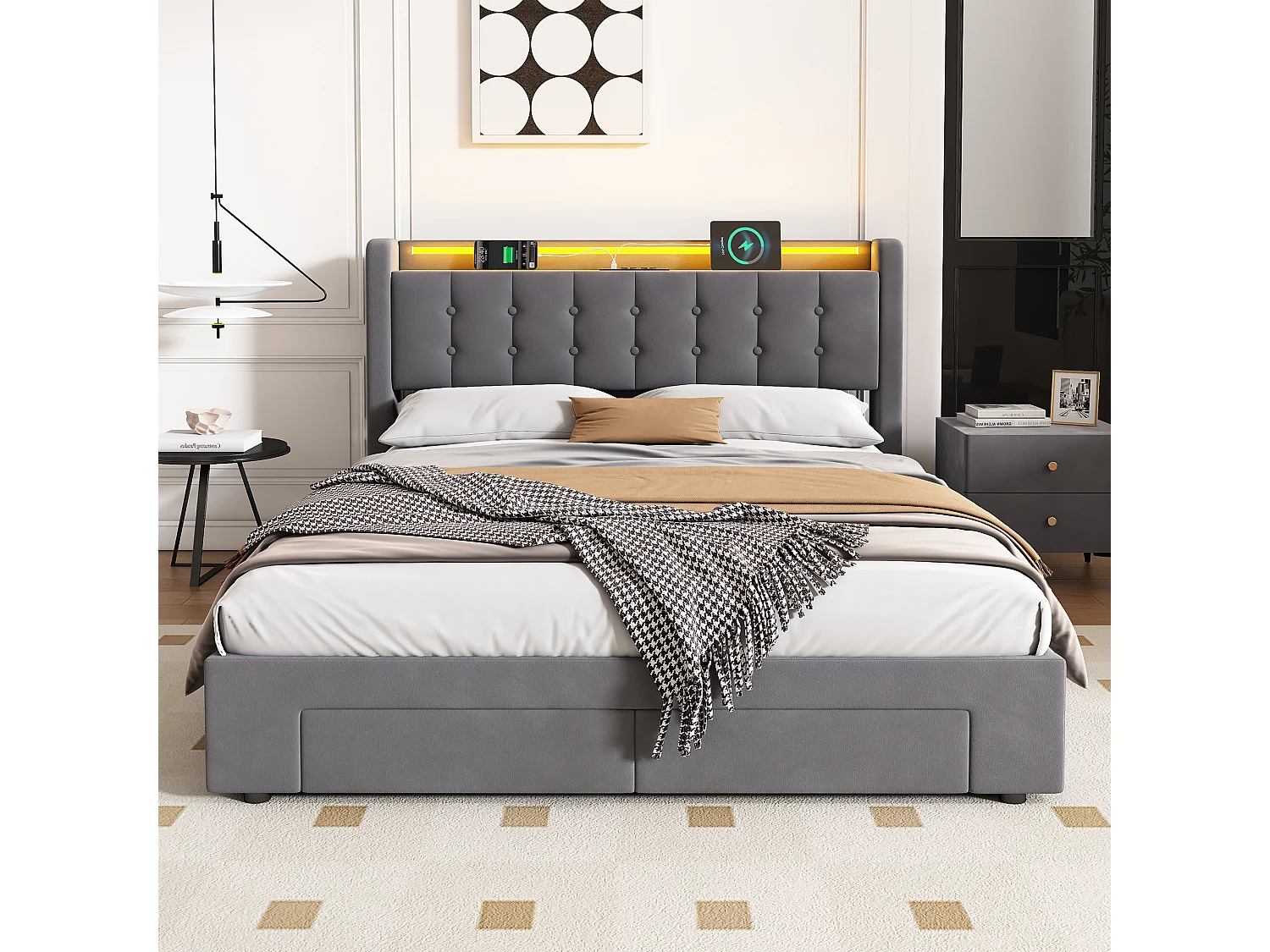 Polsterbett 140x190 cm für Erwachsene mit USB-Anschluss und LED-Licht, 2 Schubladen, Samt, grau