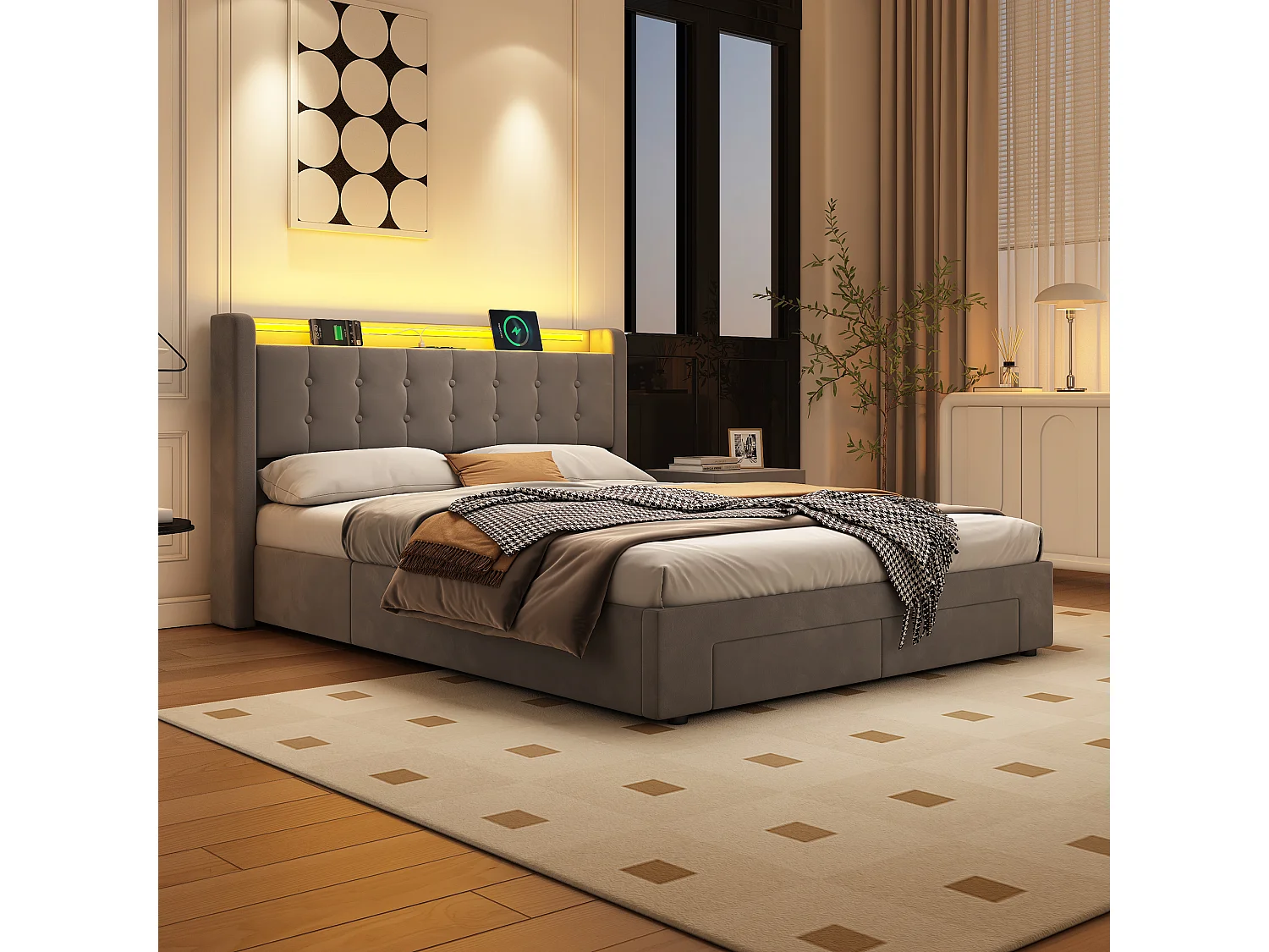 Polsterbett 140x190 cm für Erwachsene mit USB-Anschluss und LED-Licht, 2 Schubladen, Samt, grau