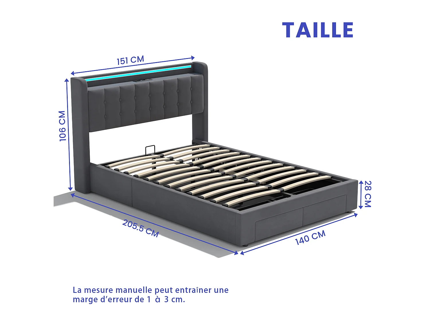 Polsterbett 140x190 cm für Erwachsene mit USB-Anschluss und LED-Licht, 2 Schubladen, Samt, grau
