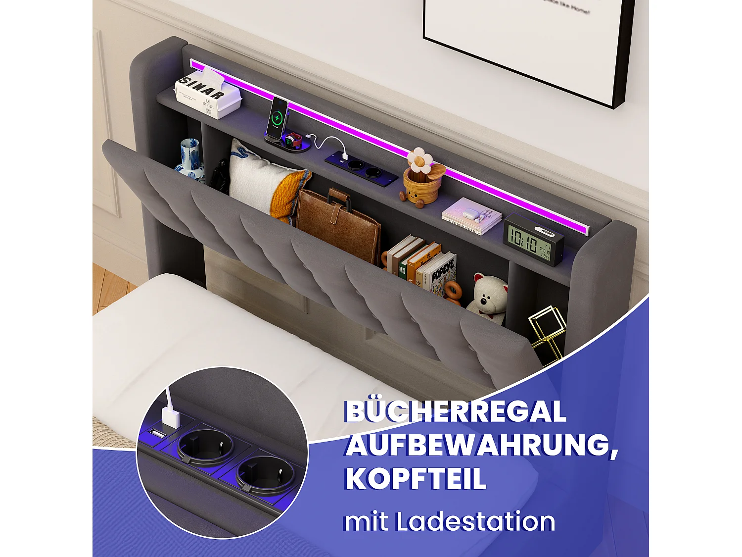 Polsterbett 140x190 cm für Erwachsene mit USB-Anschluss und LED-Licht, 2 Schubladen, Samt, grau