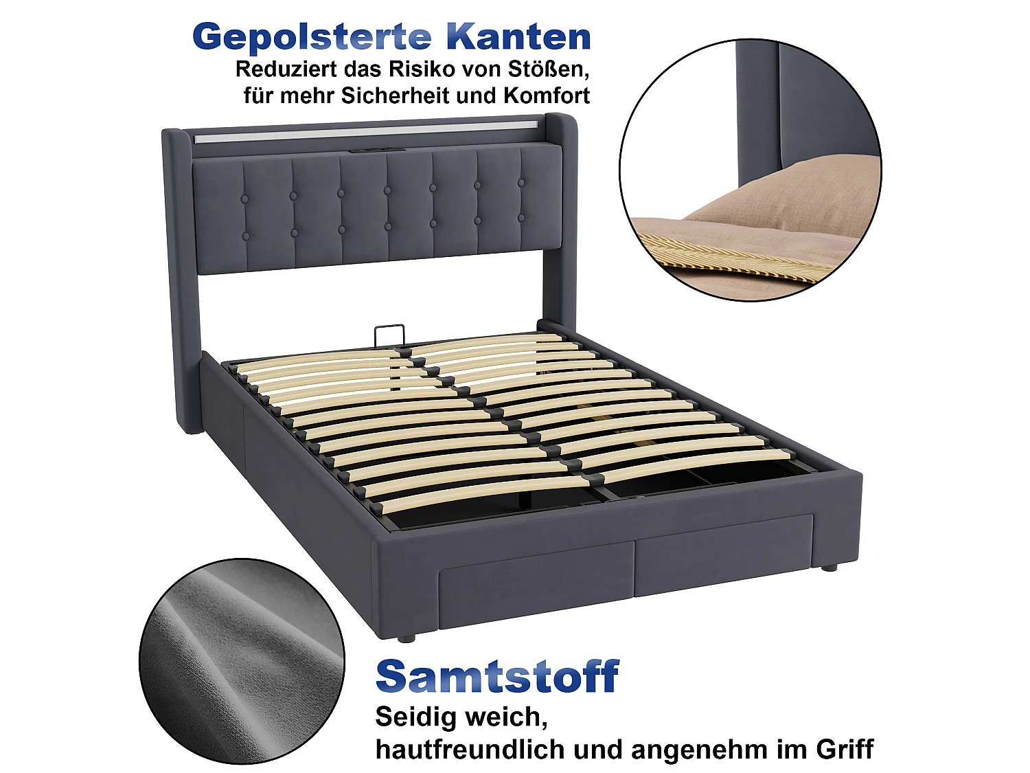 Polsterbett 140x190 cm für Erwachsene mit USB-Anschluss und LED-Licht, 2 Schubladen, Samt, grau
