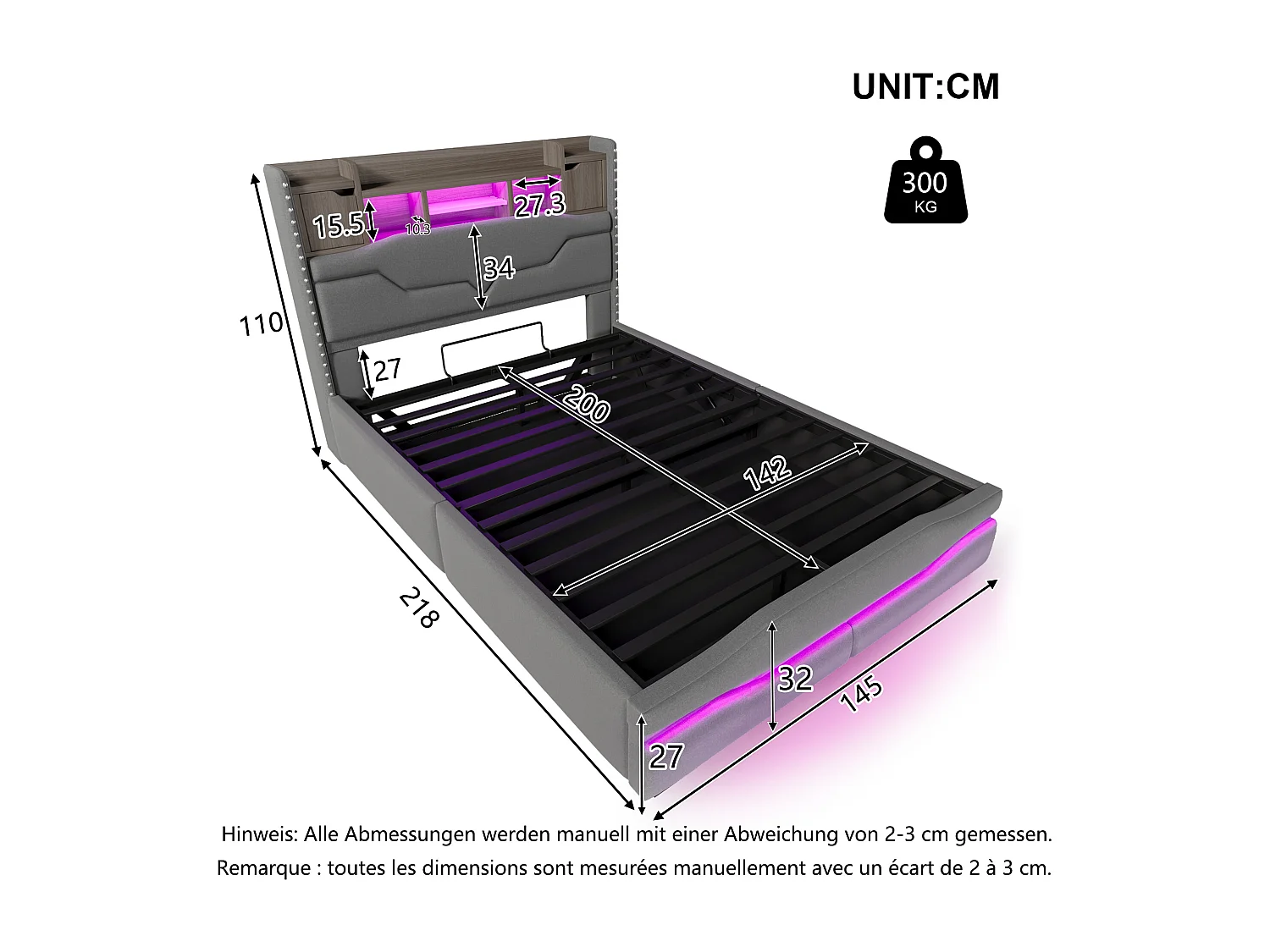 Cama con almacenaje de 140x200 cm, cama para adultos con USB e LED, cabecero con almacenaje - Lino gris (sin colchón)
