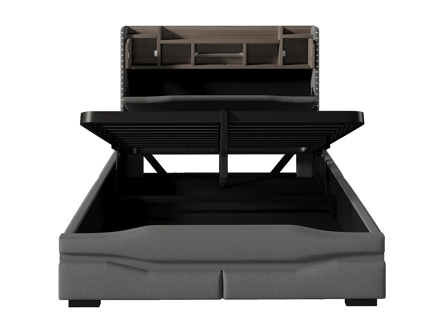 Cama con almacenaje de 140x200 cm, cama para adultos con USB e LED, cabecero con almacenaje - Lino gris (sin colchón)