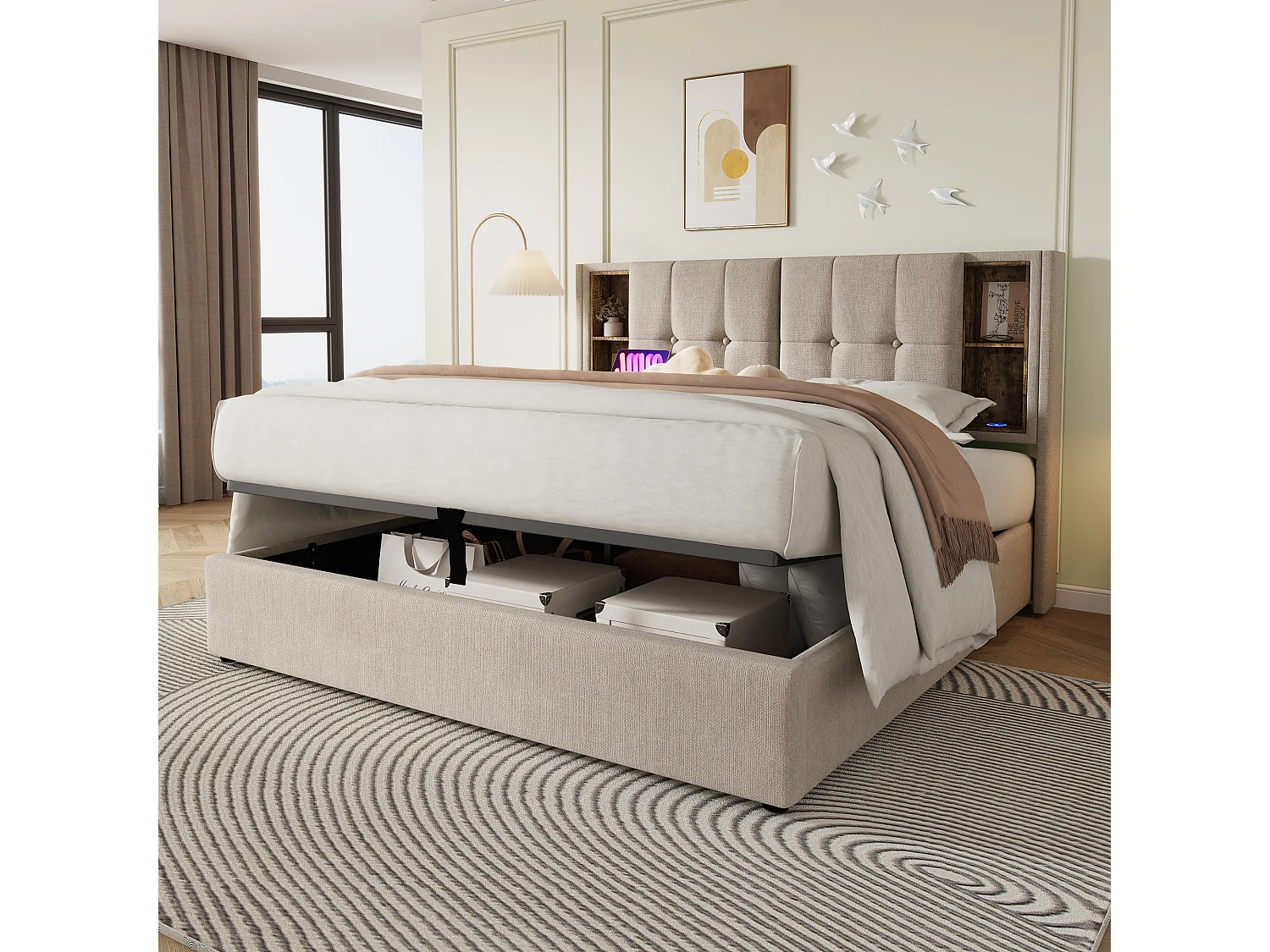 Lit coffre 180x200 cm, lit adulte avec port USB et chargement sans fil, sommier à lattes - lin naturel (sans matelas)