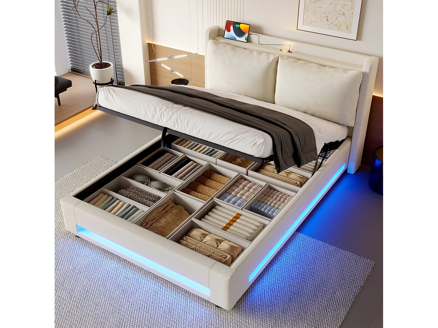Cama con almacenaje de 140x200 cm, cama de adulto con USB y luces LED, cabecero acolchado - terciopelo beige (sin colchón)