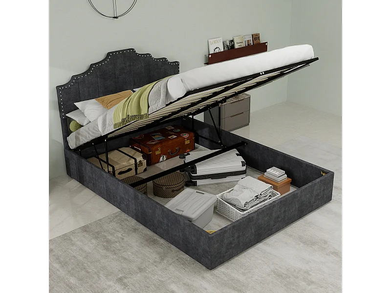 Łóżko z pojemnikiem 140x200 cm, łóżko dla dorosłych z miękkim zagłówkiem i stelażem - aksamit - szare (bez materaca)