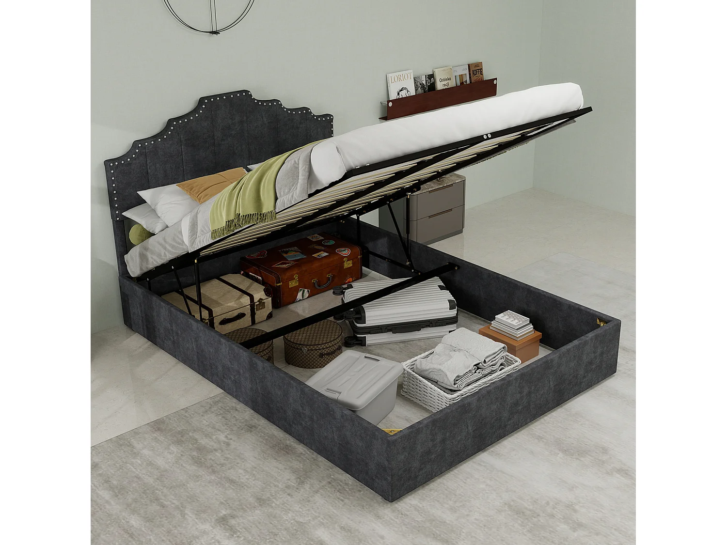 Lit coffre 140x200 cm, lit adulte avec tête de lit souple et sommier à lattes - velours - gris (sans matelas)