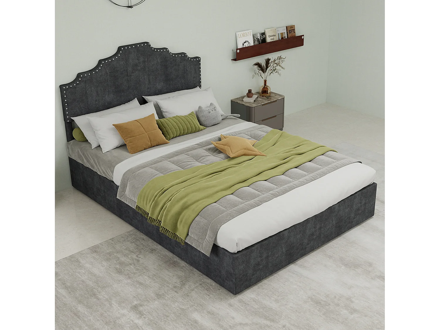 Lit coffre 140x200 cm, lit adulte avec tête de lit souple et sommier à lattes - velours - gris (sans matelas)