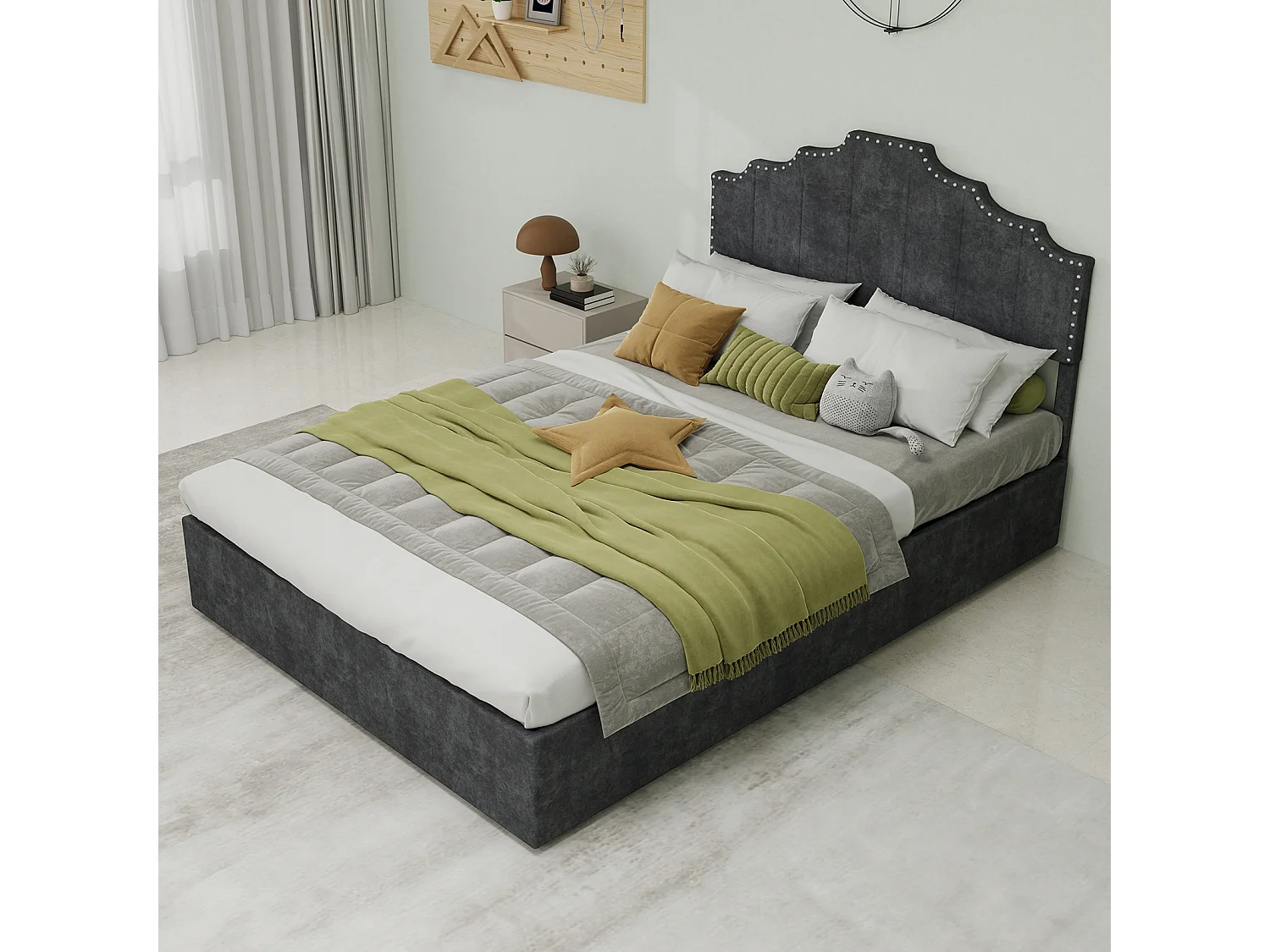 Lit coffre 140x200 cm, lit adulte avec tête de lit souple et sommier à lattes - velours - gris (sans matelas)