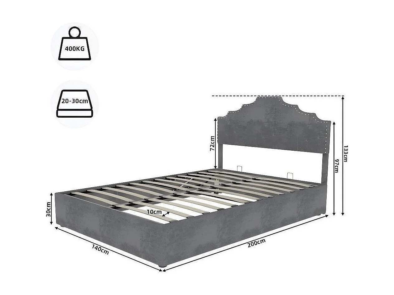 Lit coffre 140x200 cm, lit adulte avec tête de lit souple et sommier à lattes - velours - gris (sans matelas)
