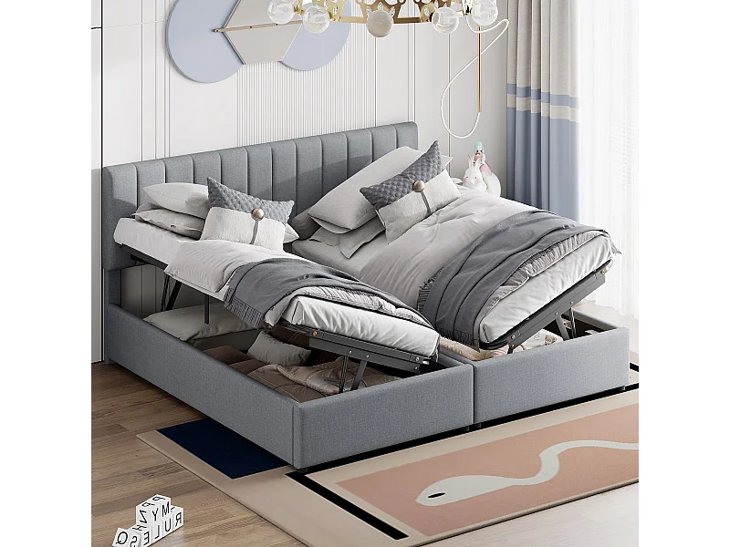 Lit coffre 180x200 cm - avec tête de lit, sommier à lattes - en lin - gris