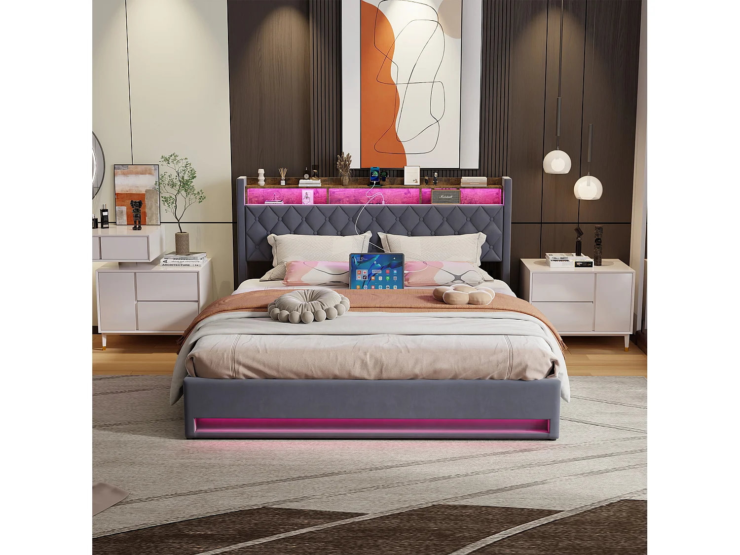 Lit coffre 180x200 cm, tête de lit avec 2 prises électriques et usb, led, en velours gris foncé