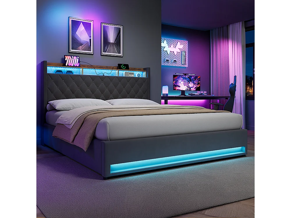 Lit coffre 180x200 cm, tête de lit avec 2 prises électriques et usb, led, en velours gris foncé