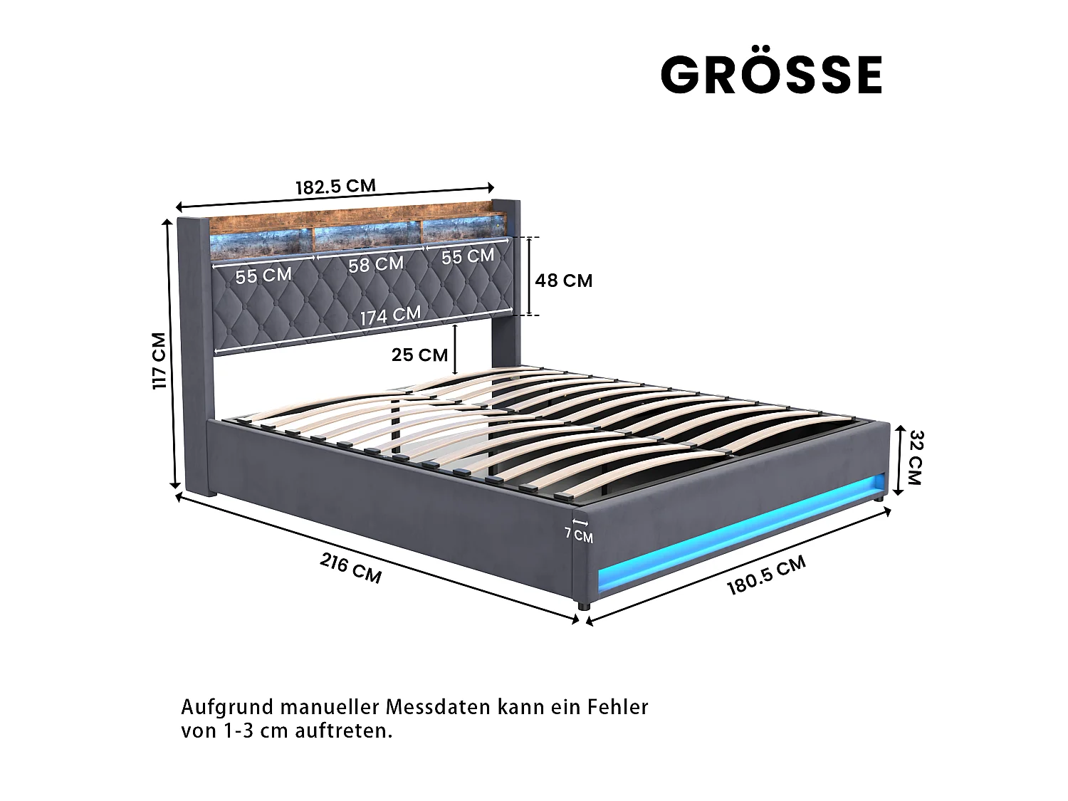 Lit coffre 180x200 cm, tête de lit avec 2 prises électriques et usb, led, en velours gris foncé