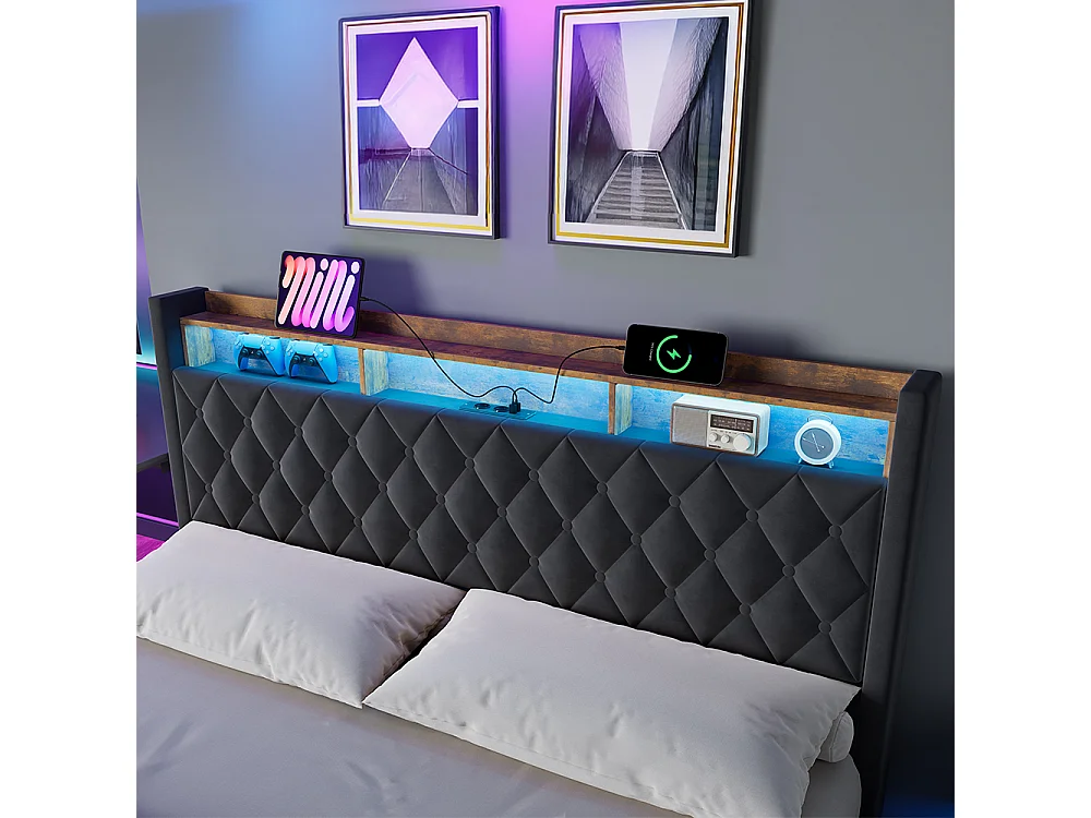 Lit coffre 180x200 cm, tête de lit avec 2 prises électriques et usb, led, en velours gris foncé