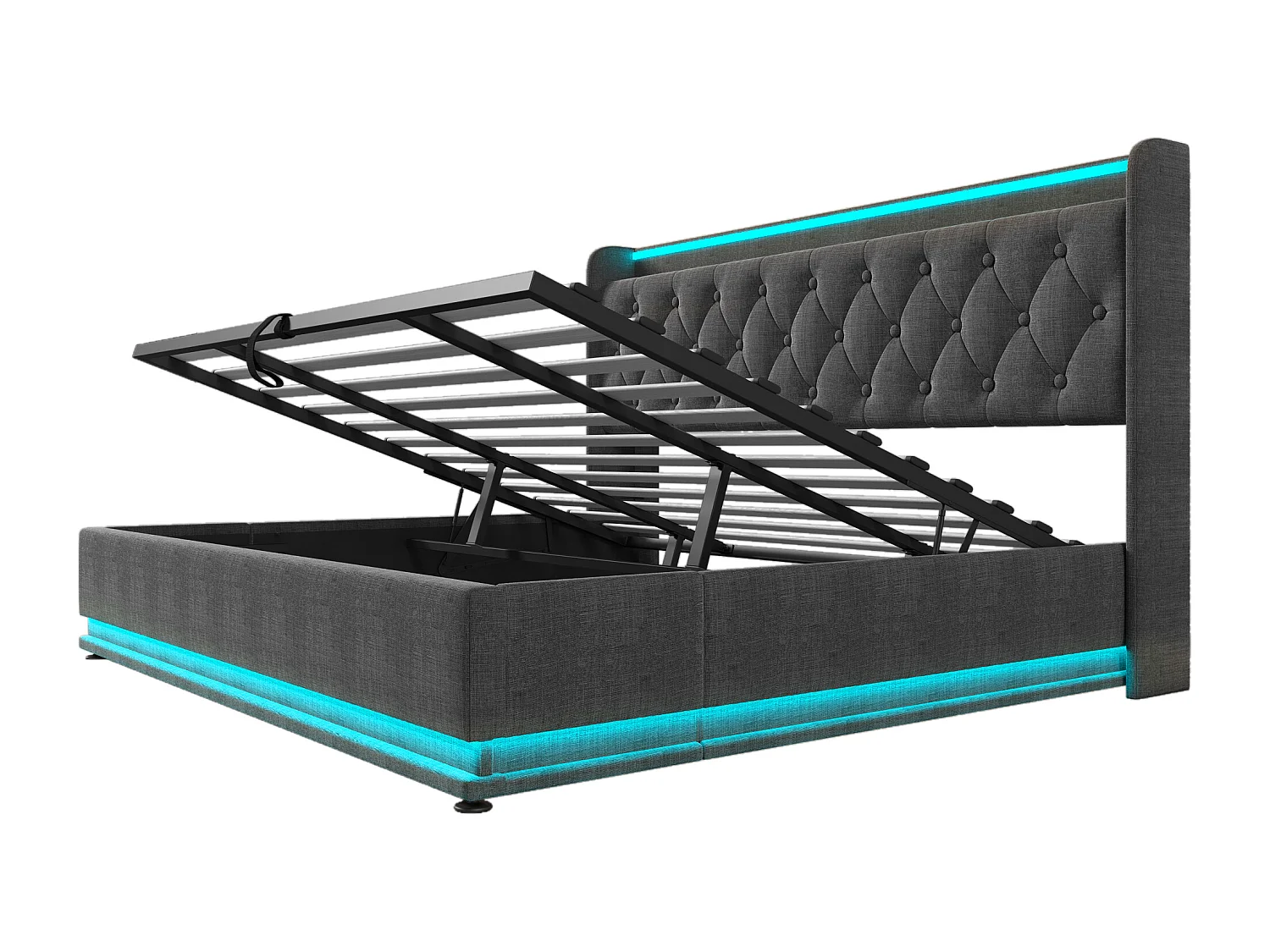 Opbergbed 180x200 cm, tweepersoonsbed met ledverlichting en USB Type-C-aansluiting - grijs linnen (zonder matras)