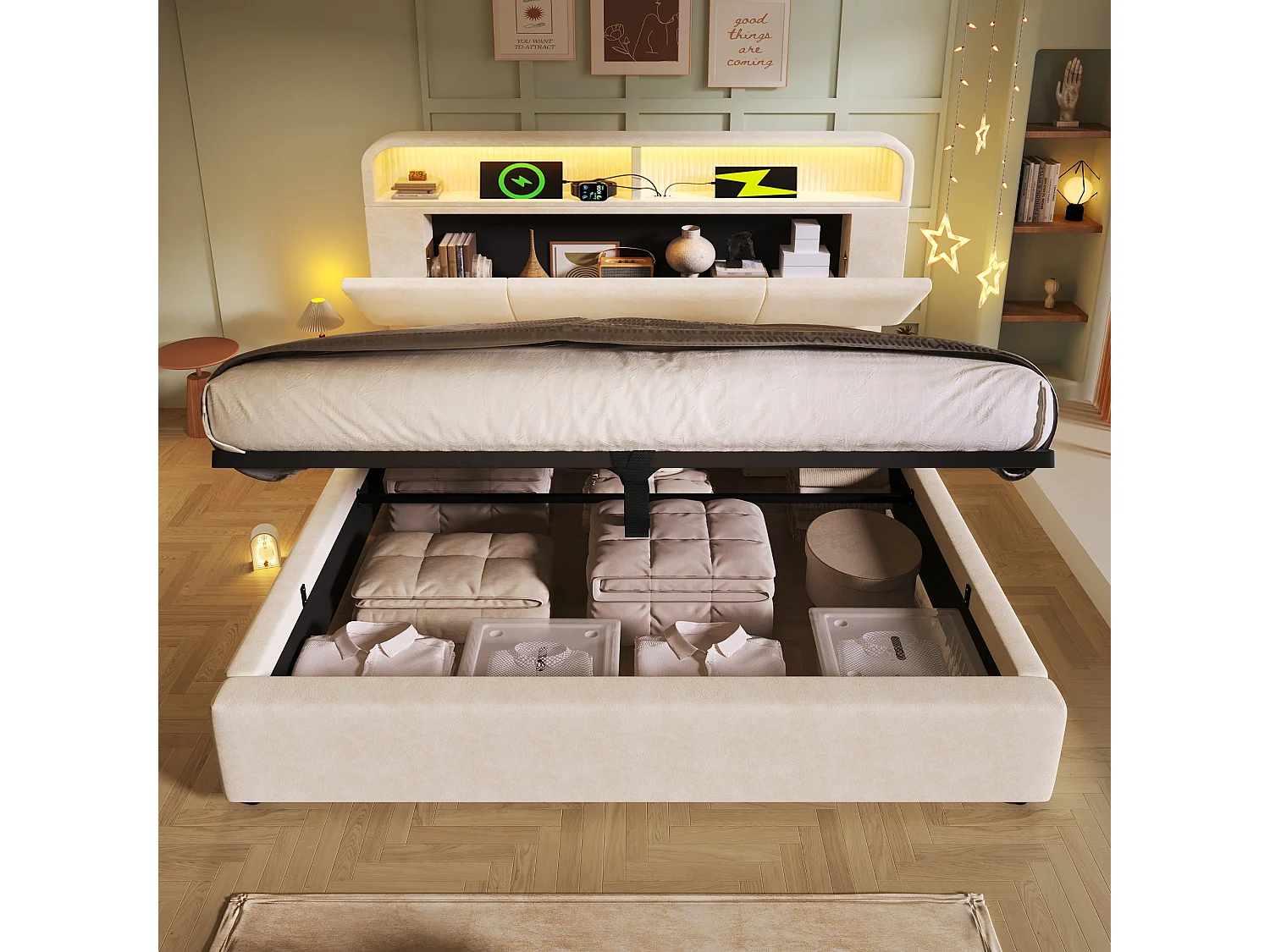 Lit coffre 140x190 cm Lit adulte avec tête de lit coffre réglable, LED et USB - velours beige (sans matelas)