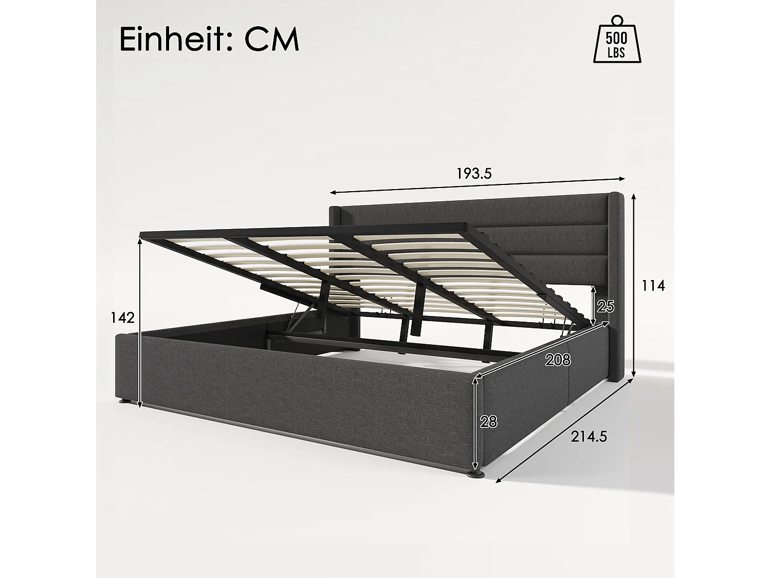 Opbergbed 180x200 cm Tweepersoonsbed met gestoffeerd hoofdbord en lattenbodem - grijs linnen (zonder matras)