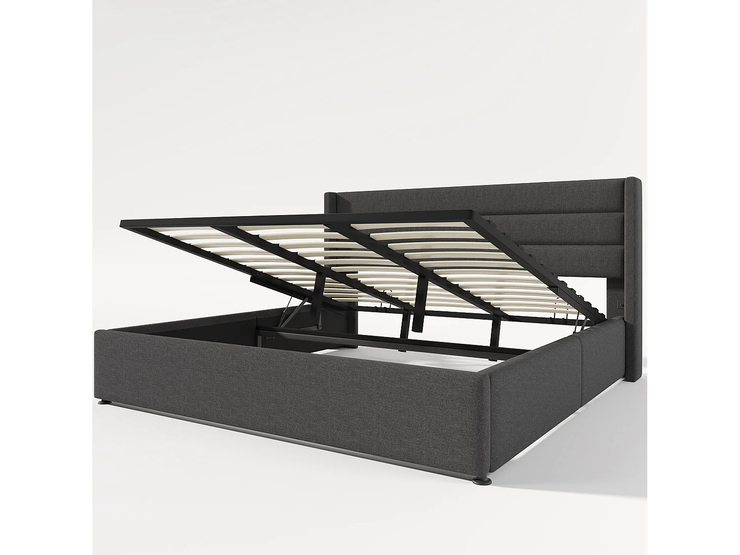 Opbergbed 180x200 cm Tweepersoonsbed met gestoffeerd hoofdbord en lattenbodem - grijs linnen (zonder matras)