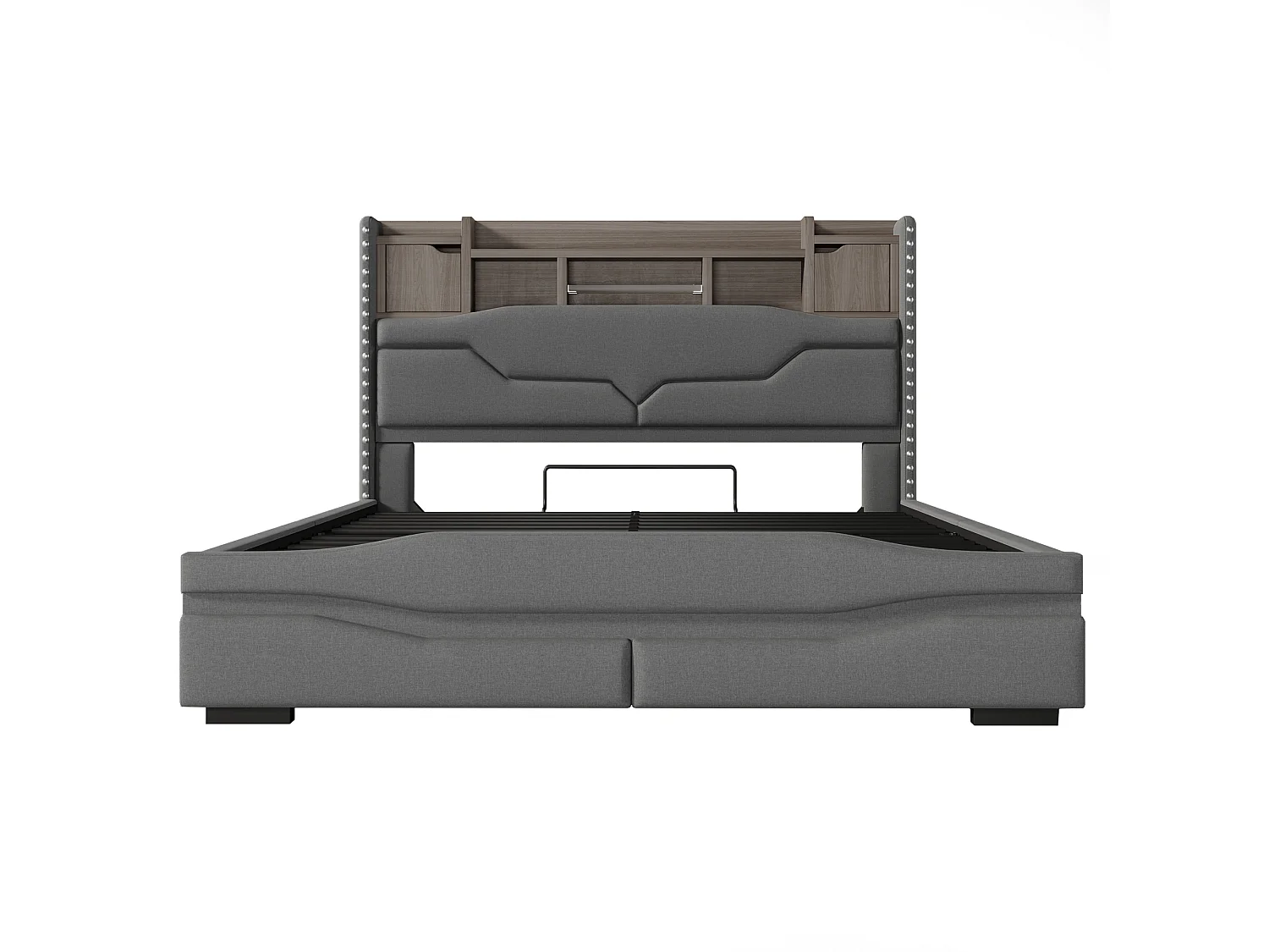 Lit coffre 160x200 cm, lit adulte avec prise USB et LED, tête de lit avec rangement - Lin gris (sans matelas)