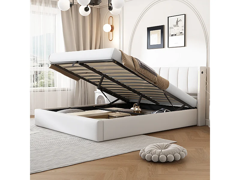 Lit coffre 160x200 cm - avec USB, Type-C, éclairage LED, tête de lit réglable, sommier à lattes - blanc - sans matelas