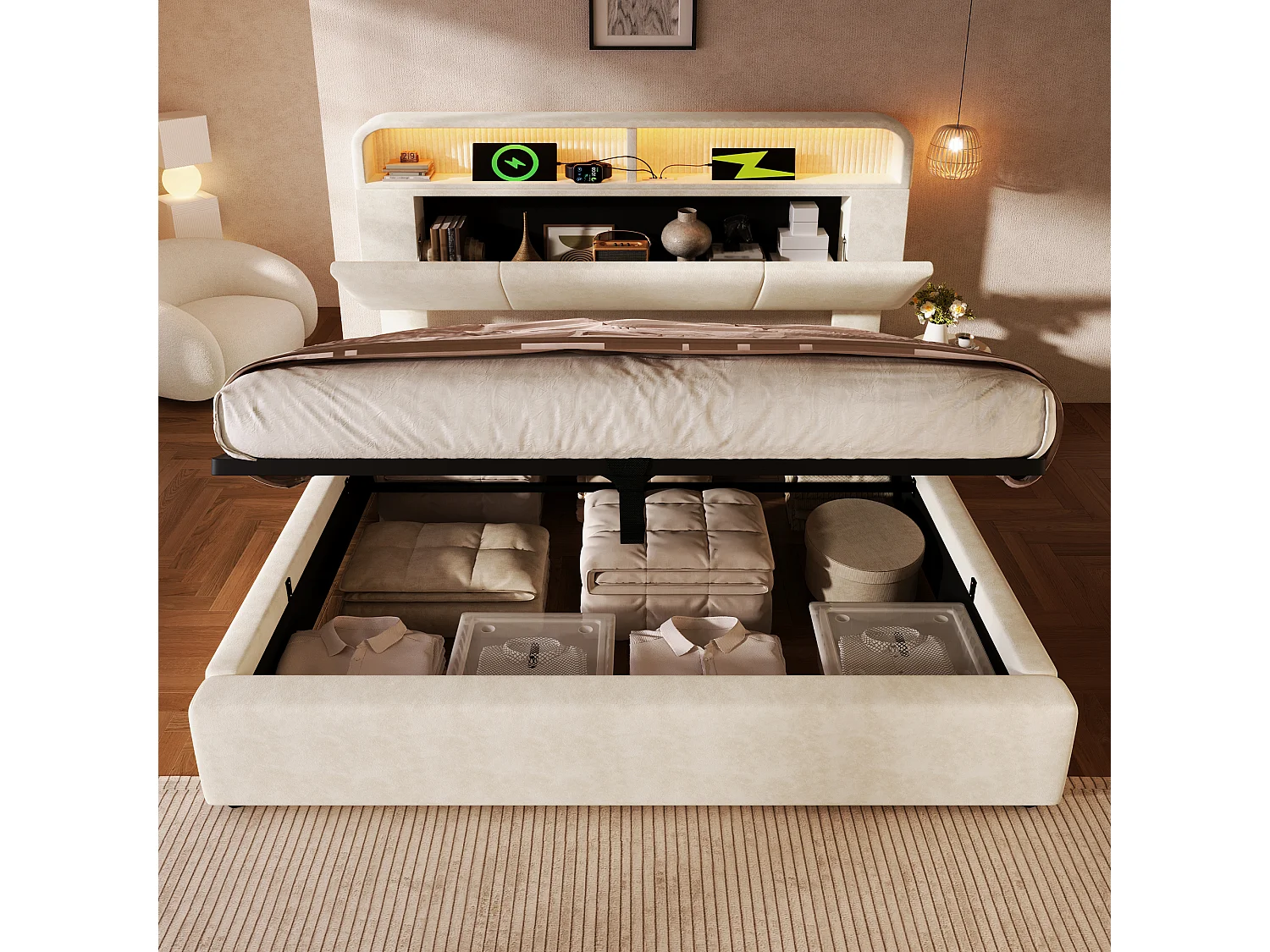 Stauraumbett 180x200 cm, Doppelbett mit verstellbarem Kopfteil, LED und USB – beiger Samt (ohne Matratze)