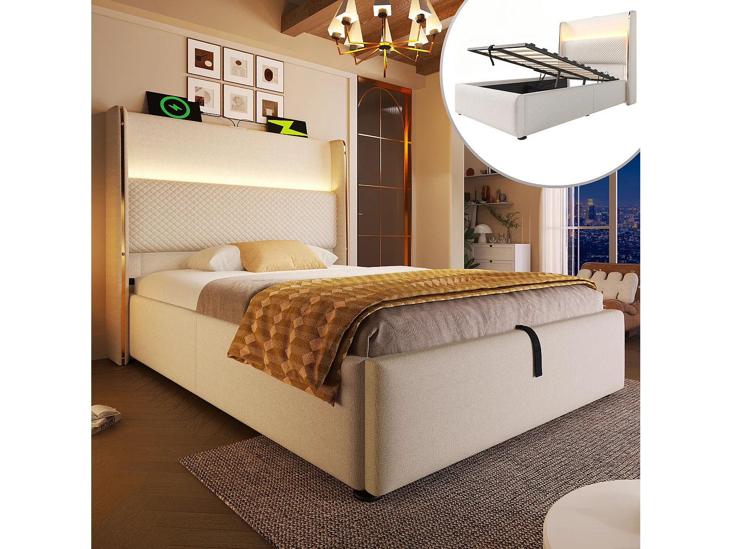 Cama con almacenaje 90 x 200 cm Cama infantil con luces LED y puerto USB, cabecero tapizado - Lino beige (sin colchón)