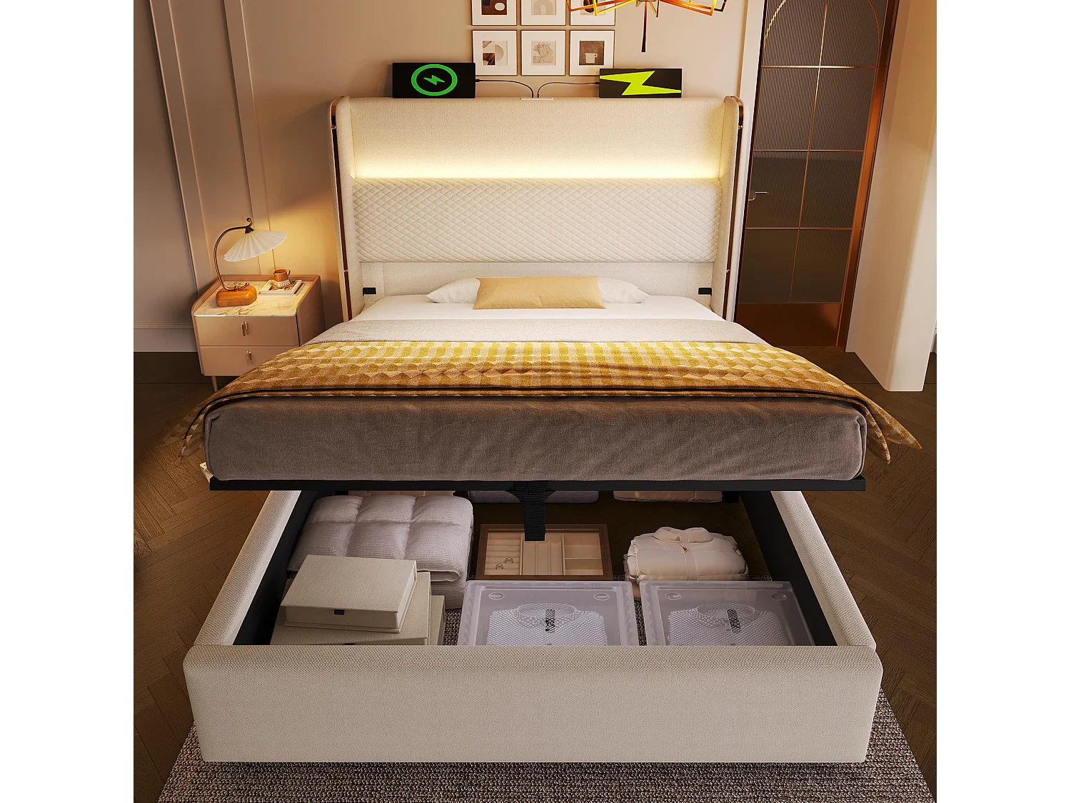 Cama con almacenaje 90 x 200 cm Cama infantil con luces LED y puerto USB, cabecero tapizado - Lino beige (sin colchón)