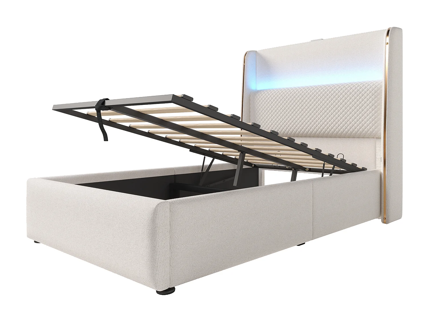 Cama con almacenaje 90 x 200 cm Cama infantil con luces LED y puerto USB, cabecero tapizado - Lino beige (sin colchón)