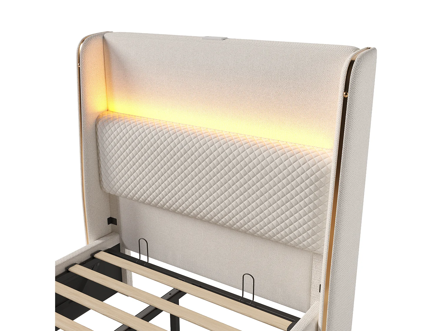 Cama con almacenaje 90 x 200 cm Cama infantil con luces LED y puerto USB, cabecero tapizado - Lino beige (sin colchón)