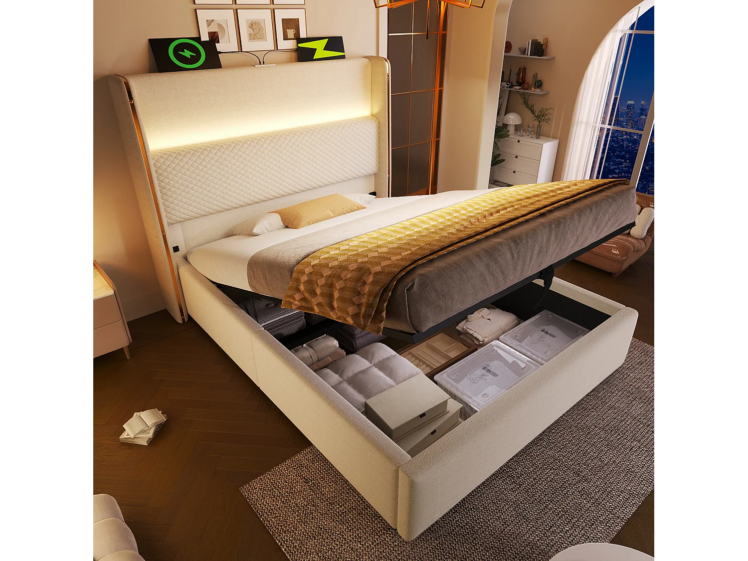 Stauraumbett 90x200 cm Kinderbett mit LED und USB-Anschluss, gepolstertes Kopfteil - beige Leinen (ohne Matratze)