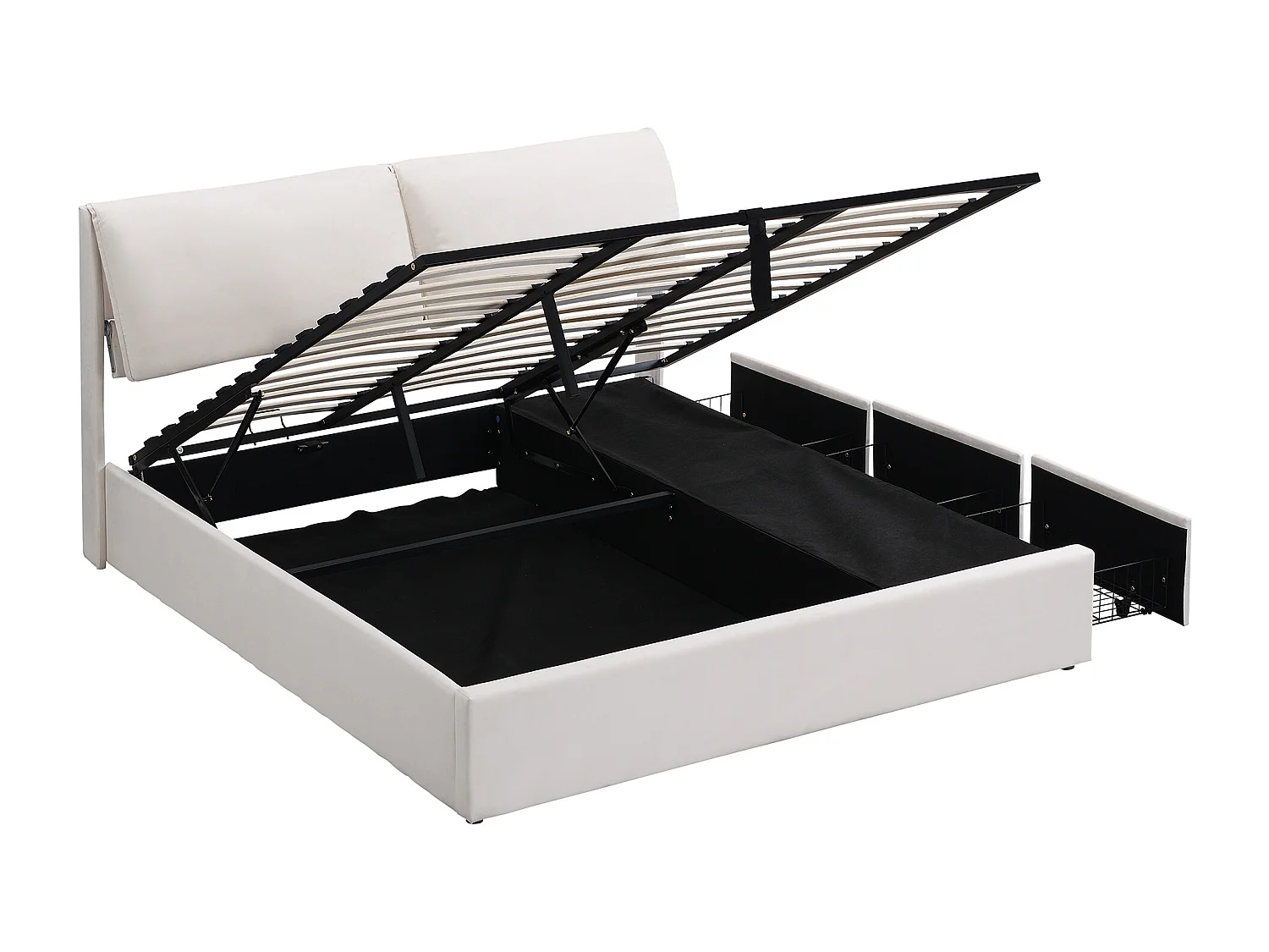 Lit coffre 180x200 - avec 3 tiroirs, tête de lit, sommier à lattes - en velours - beige - sans matelas