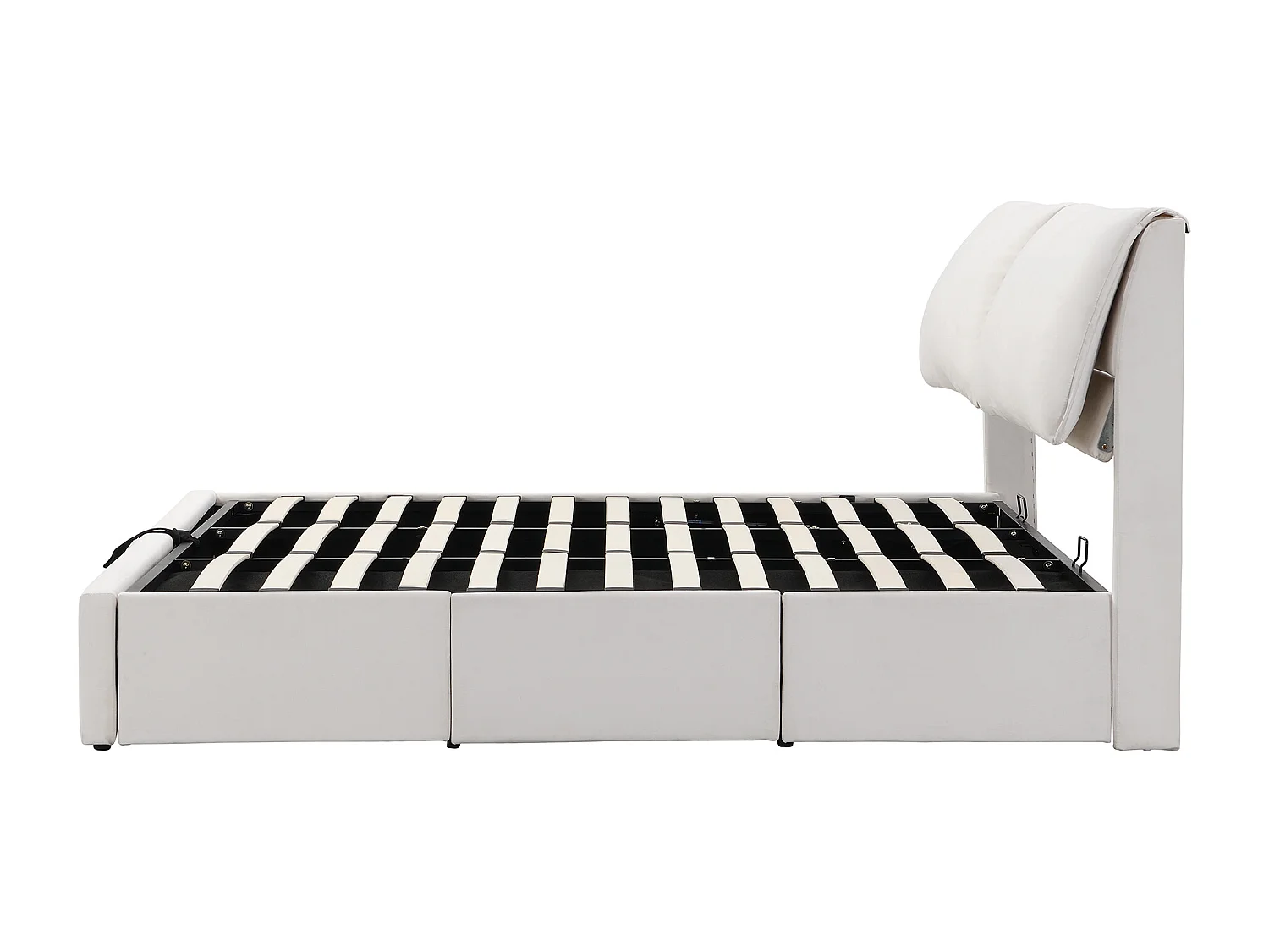 Lit coffre 180x200 - avec 3 tiroirs, tête de lit, sommier à lattes - en velours - beige - sans matelas