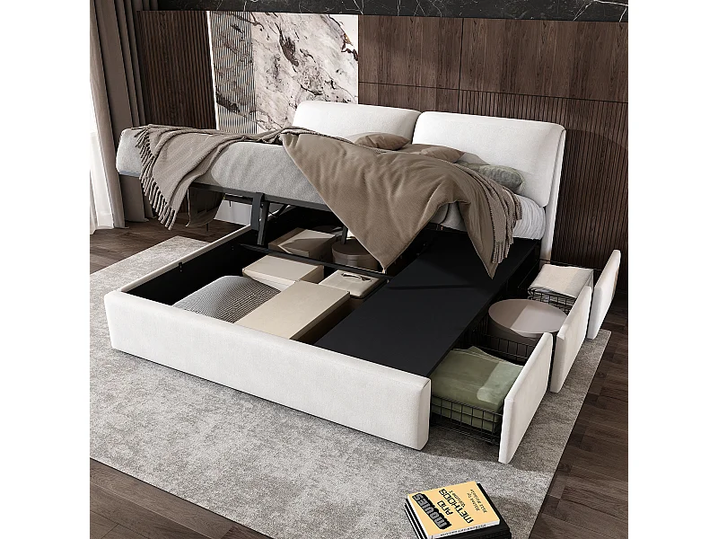 Lit coffre 180x200 - avec 3 tiroirs, tête de lit, sommier à lattes - en velours - beige - sans matelas